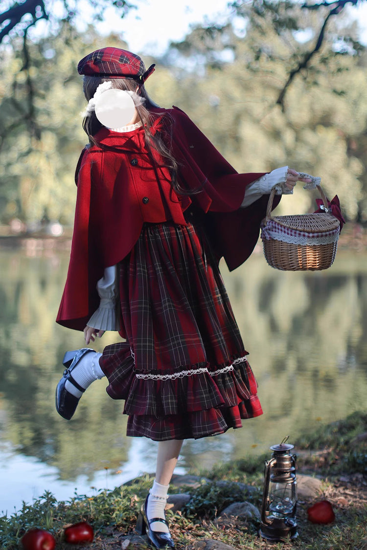 Red [Little Red Riding Hood] Double-Layered Plaid Print Ruffle Bowknot Sweet Vintage Lolita Jumper Dress - Product - 5