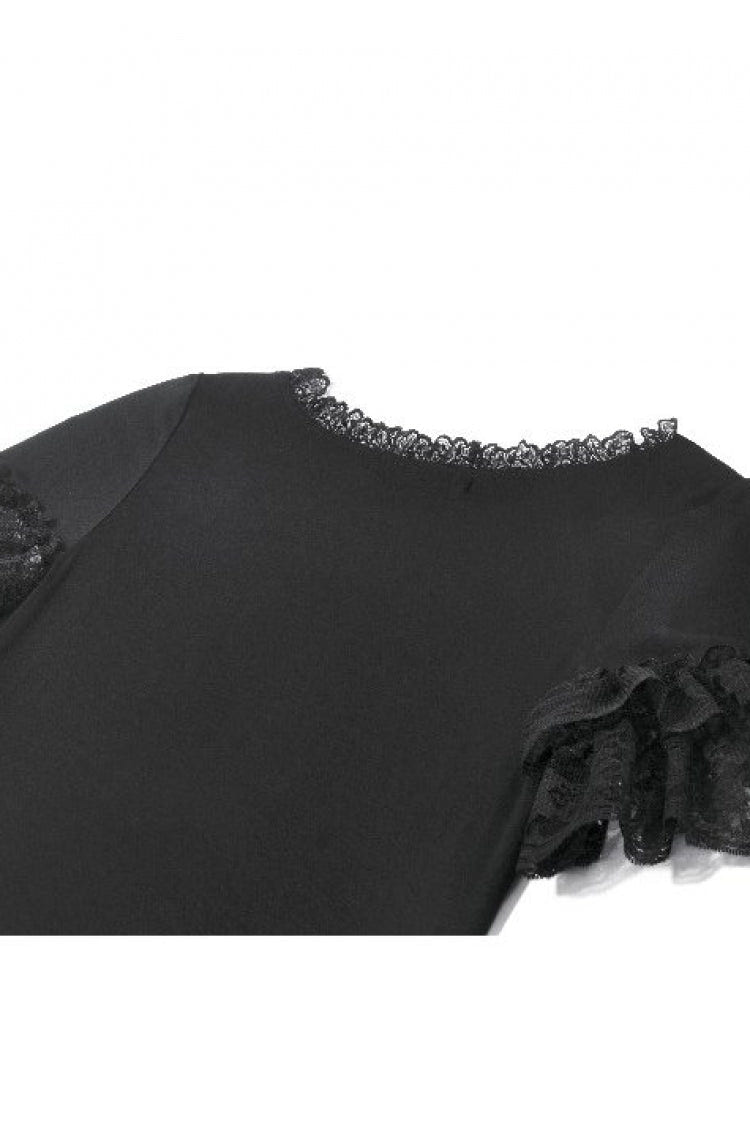 Black Women's Gothic Square Collar Double-Layered Lace Short Sleeves Embroidered Slim Fit Top - Product - 16