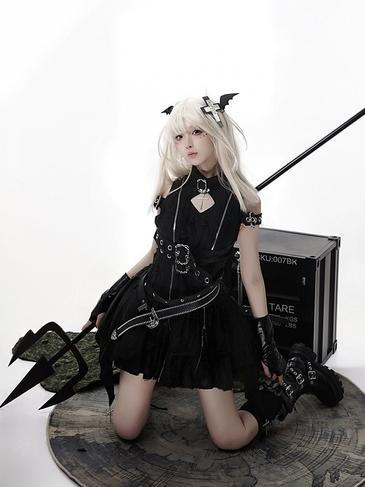 Black Gothic Metal Button Accent Asymmetric Hem Lolita Sleeveless Dress with Belt Set - view 10