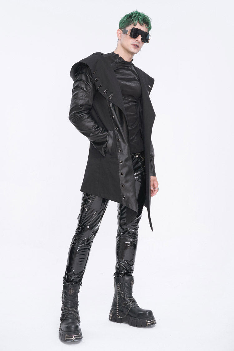 Black Irregular Eyelet Men's Gothic Jacket With Hood - Product - 3