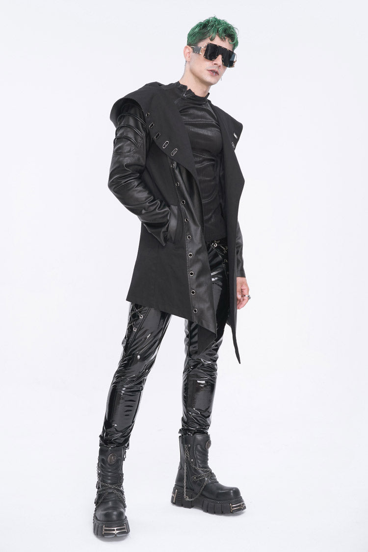 Black Irregular Eyelet Men's Gothic Jacket With Hood - Product - 3