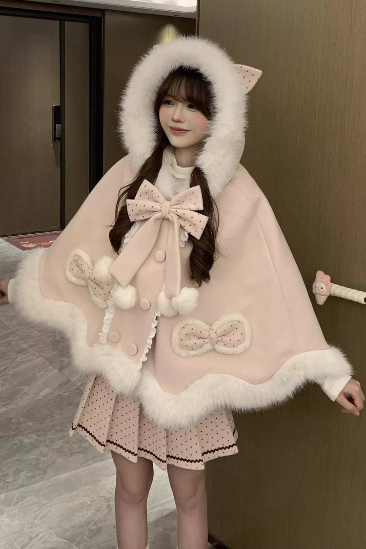 Pink [Sea Salt Guava] Polka Dot Printed Ruffled Bow Hooded Sweet Princess Lolita Dress Cloak Set - Product - 3