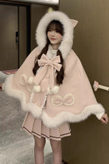 Pink [Sea Salt Guava] Polka Dot Printed Ruffled Bow Hooded Sweet Princess Lolita Dress Cloak Set - Product - 3