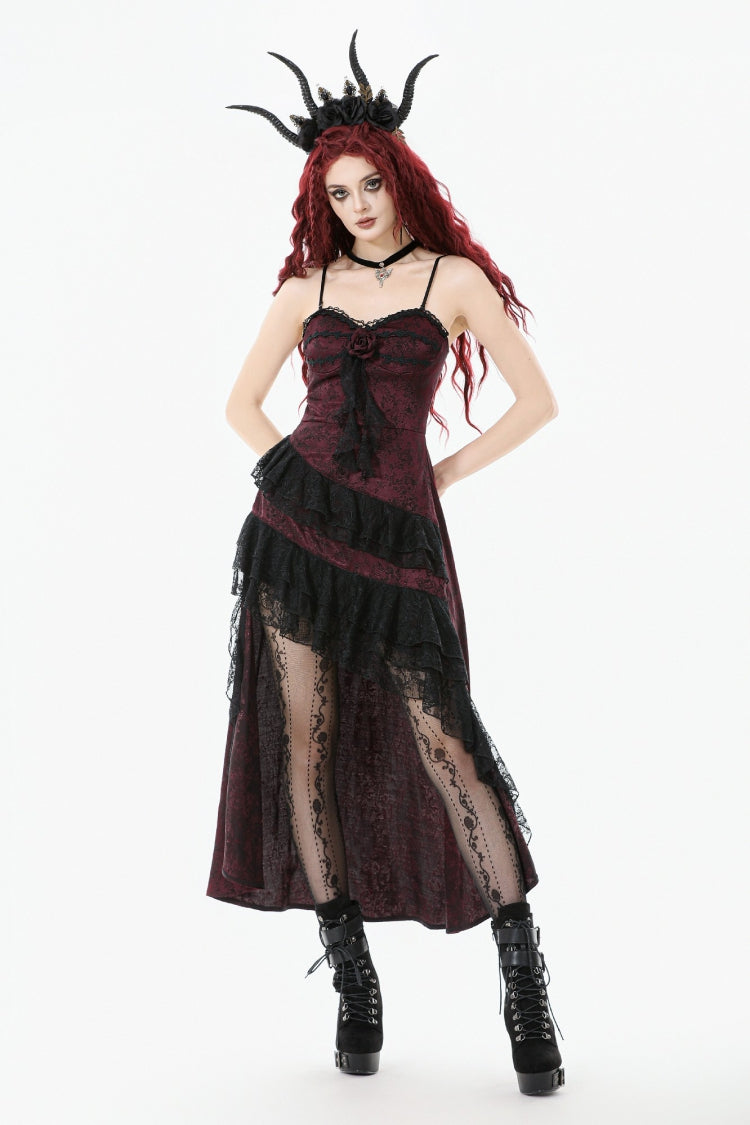 Black/Red Rose Irregular Multi-Layered Lace Ruffled Women's Gothic Slip Dress Wedding Dress - Product - 2