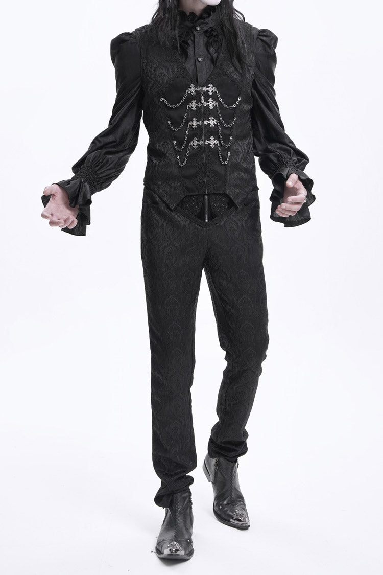 Black Floral Print Embroidery Branded Zip Men's Gothic Pants - Product - 11