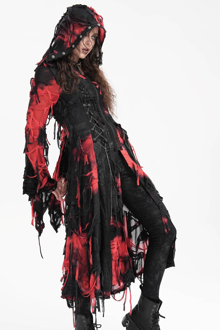 Black/Red Long Sleeves Lace Ripped Zipper Women's Punk Coat - Product - 14