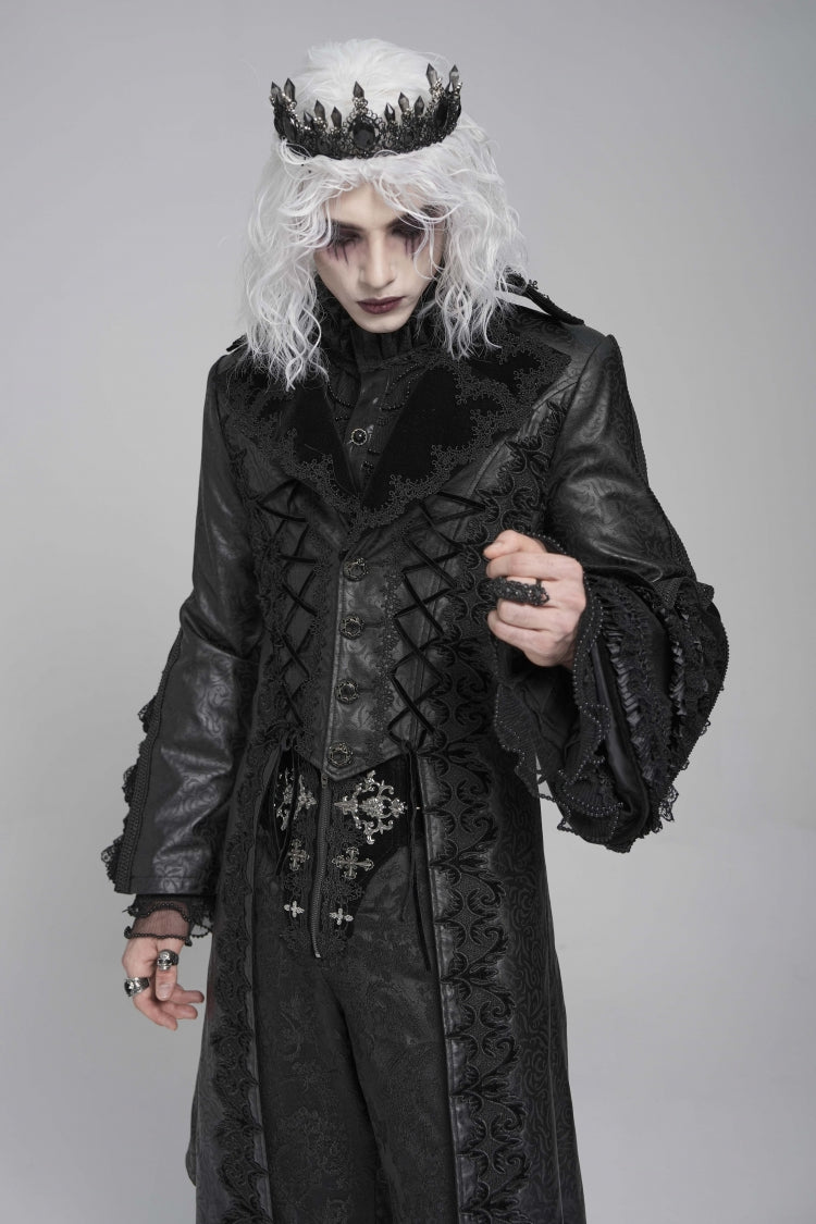 Black Long Trumpet Sleeves Floral Crochet Embroidery Lace-Up Men's Gothic Coat - Product - 9