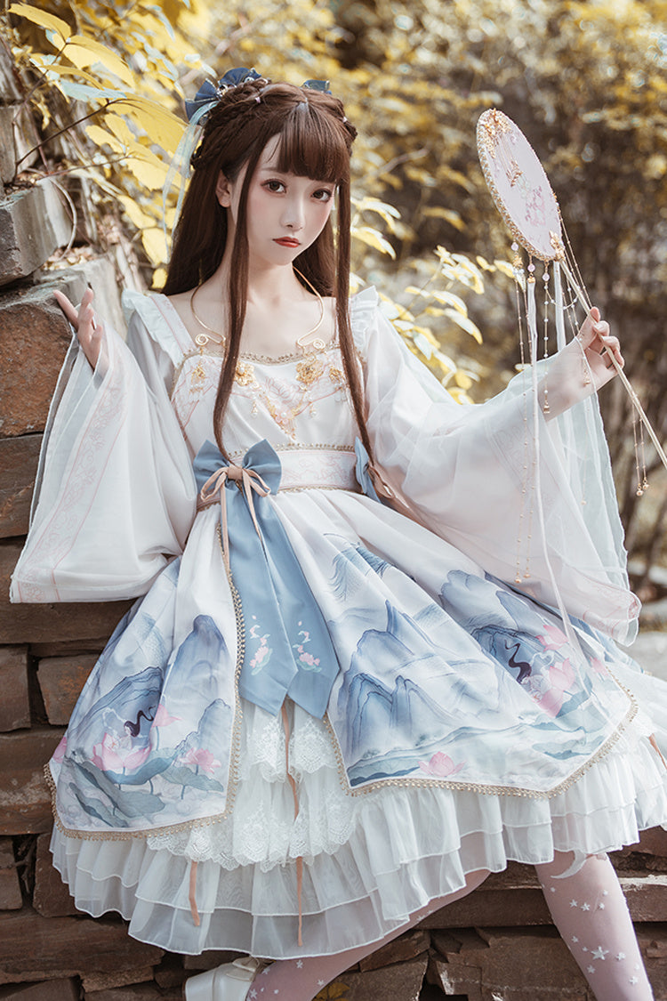 Chinese Style Long Sleeves Landscape Painting Print Bowknot Sweet Elegant Lolita Dress 2 Colors - Product - 4