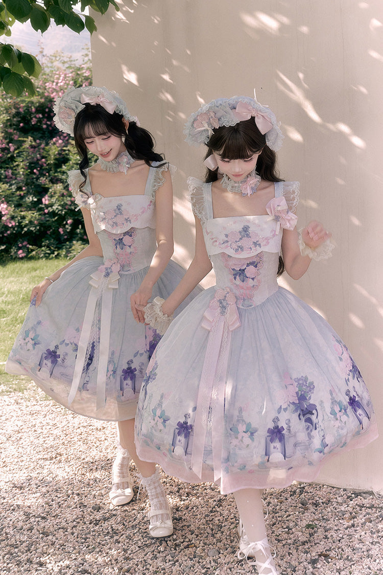 [Morning Dew Rose] Square Collar Flutter Sleeves Printed Embroidered Bow Sweet Chinese Inspired Lolita Jsk Dress 2 Colors (Blue, Green) - Product - 4