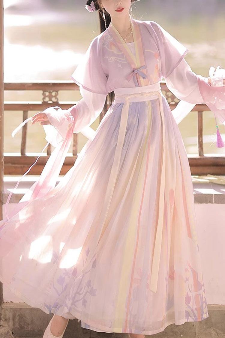Multi-Color Round Collar Long Trumpet Sleeves High Waisted Print Sweet Hanfu Full Set - Multi-Color - 1
