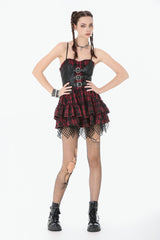 Black/Red Plaid Leather Multi-Layered Ruffled Women's Punk  Sweetcore Slip Dress - Product - 10