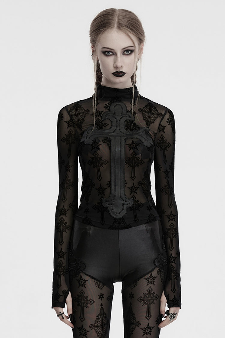 Black Stand Collar Long Sleeves Star Cross Embroidery Sheer Mesh Women's Gothic T-Shirt - Black - 1