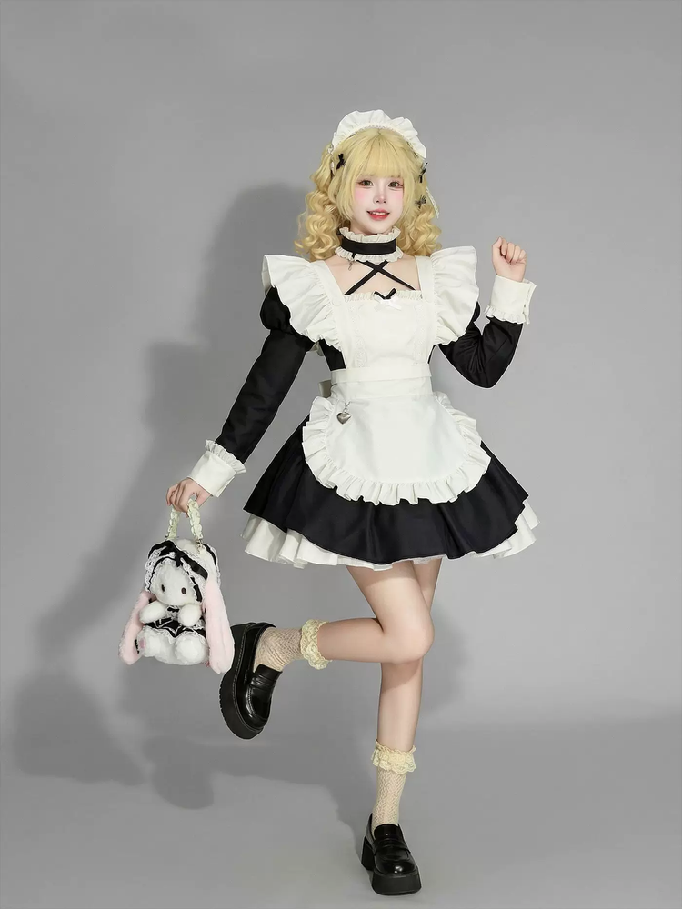 Red and Black Ruffled Maid Lolita Dress with Apron Bow Accent - view 6