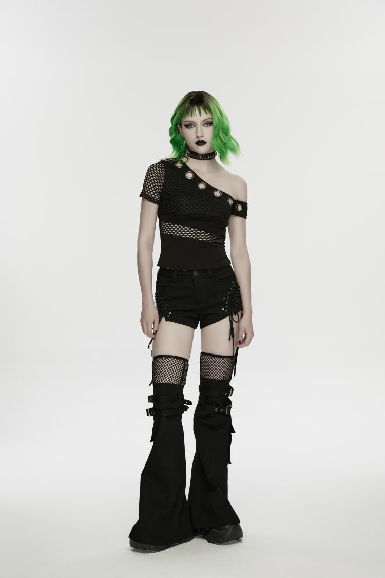 Black Spliced Lace-Up Mesh Detachable Eyelet Women's Punk Shorts - Product - 4