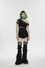 Black Spliced Lace-Up Mesh Detachable Eyelet Women's Punk Shorts - Product - 4