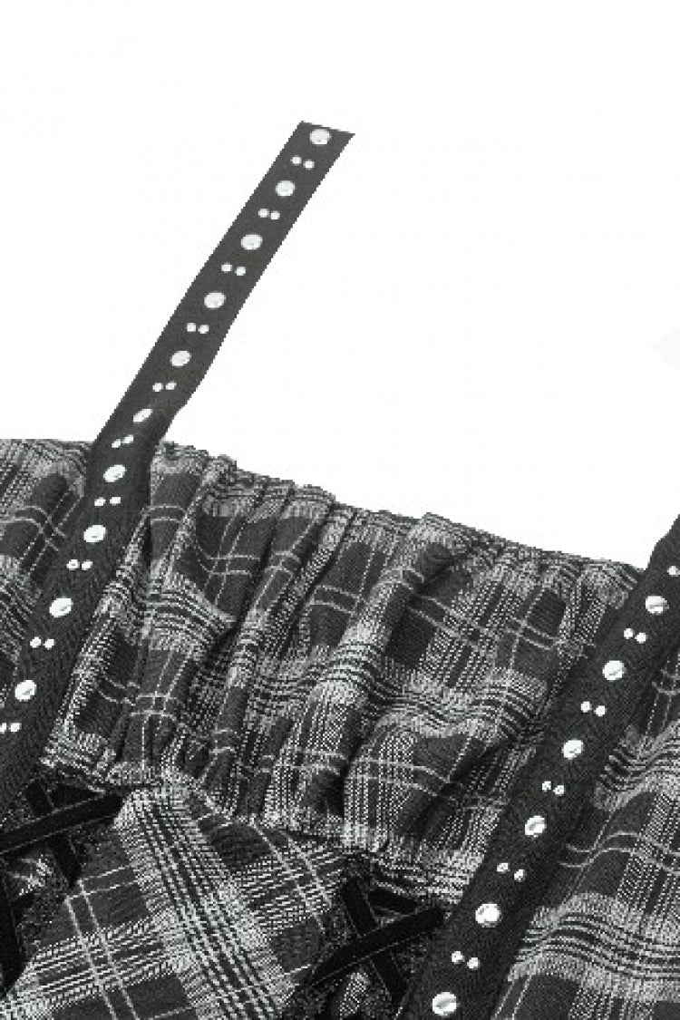 Grey Sleeveless Layered Lace Hem Plaid Women's Punk Party Slip Dress Graduation Dress - Product - 11