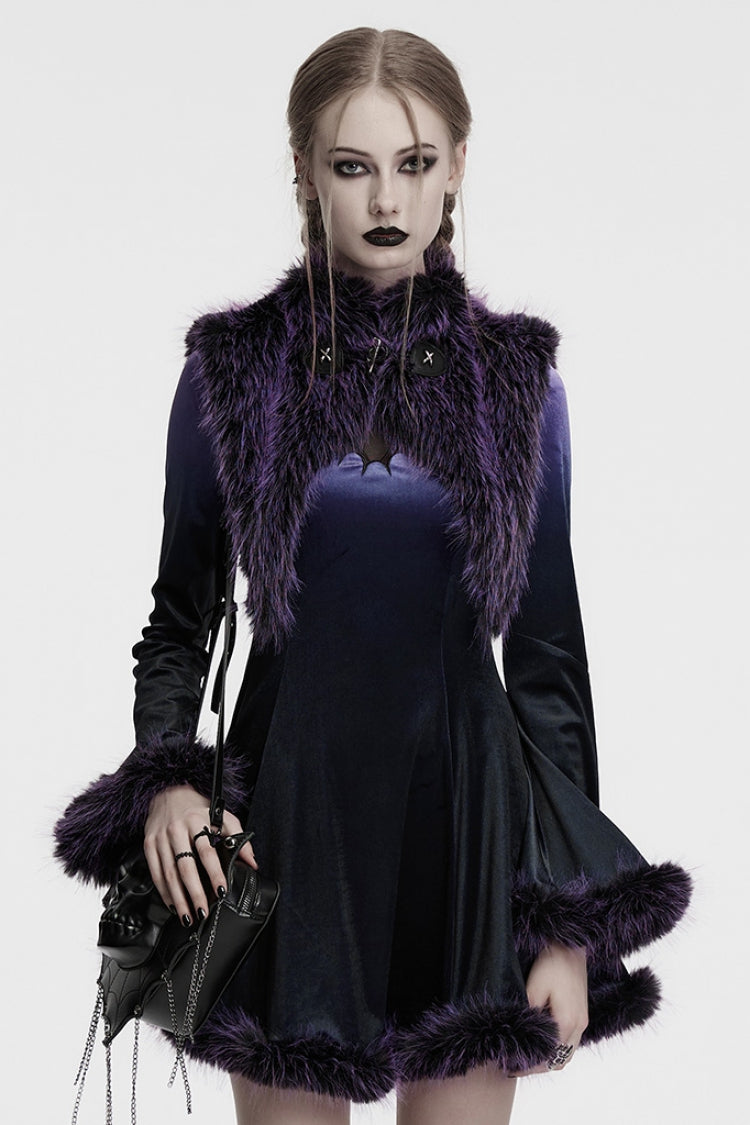 Violet Stand Collar Sleeveless Gradient Faux Fur Women's Gothic Cape - Violet - 1