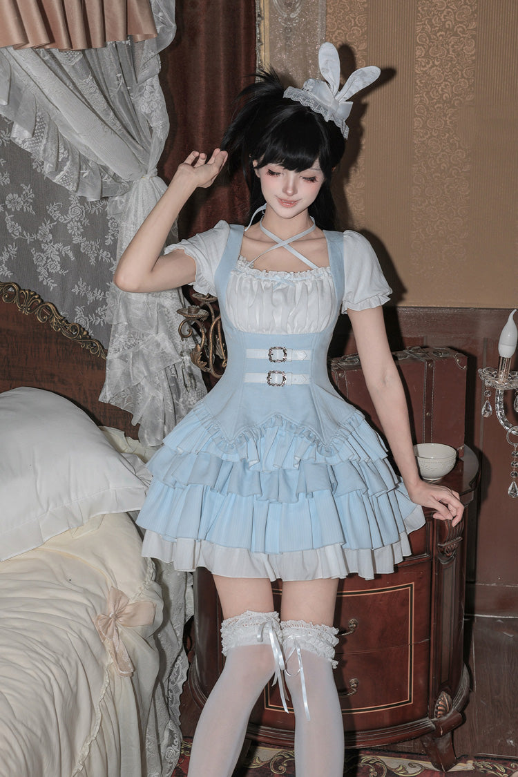 [Silent Summer] Square Collar Halterneck Short Sleeves Multi-Layered Printed Ruffled Classic Cool Lolita Dress Set (Black/Blue 2 Colors) - Product - 13