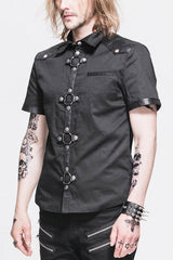Black Locomotive Lapel Collar Short Sleeves Cotton Mens Punk Blouse - Black - 1