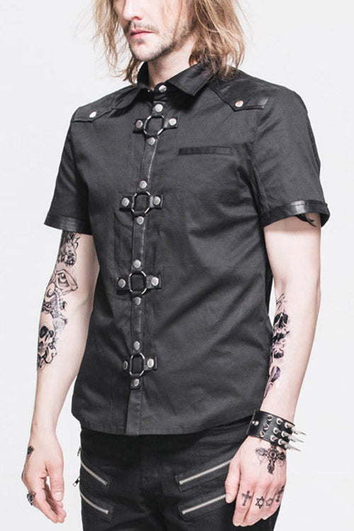 Black Locomotive Lapel Collar Short Sleeves Cotton Mens Punk Blouse - Black - 1