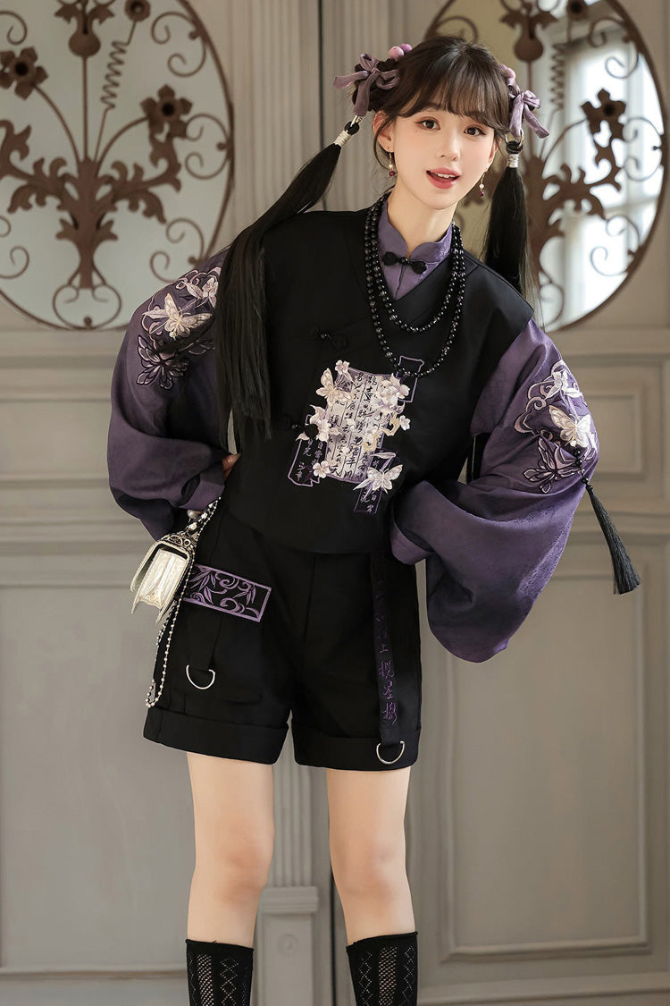 Black/Purple Stand Collar Long Sleeves Embroidery Classic Chinese Style Prince Hanfu Ouji Set - Black/Purple - 1