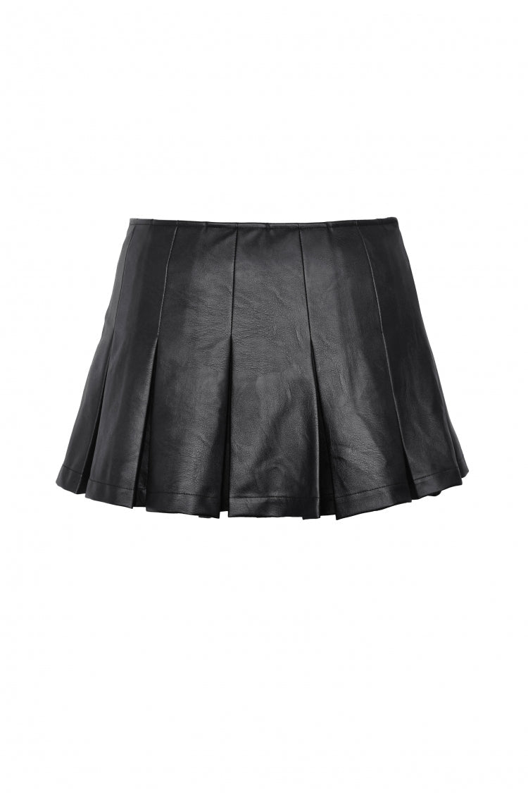 Black Low Waisted Buckle-Up Women's Punk PU Leather Pleated Mini Skirt - Product - 12