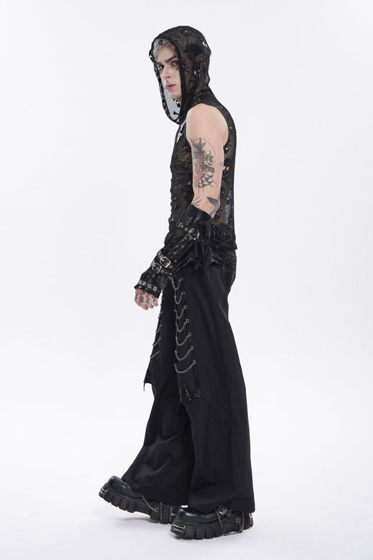 Black Spliced Studded Zippered Chain-Decorated Men's Punk Cool Pants - Product - 3