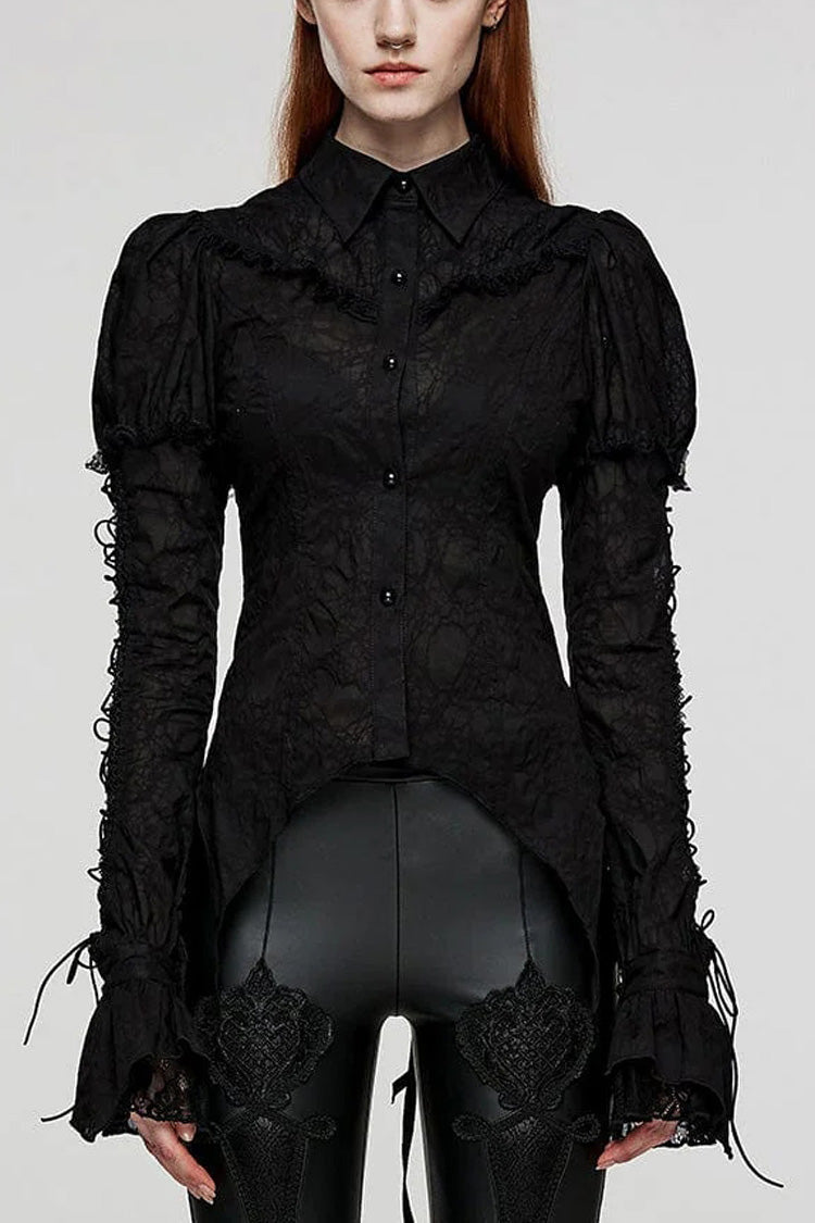 Women's Lapel Collar Long Sleeves Print Stitching Lace Gothic Blouse 2 Colors - Black - 1