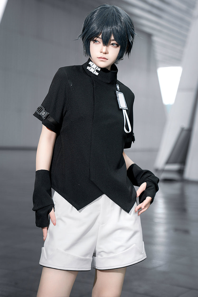Black Functional Style Stand Collar Short Sleeves Ouji Fashion Prince Handsome Lolita Blouse - Black - 1
