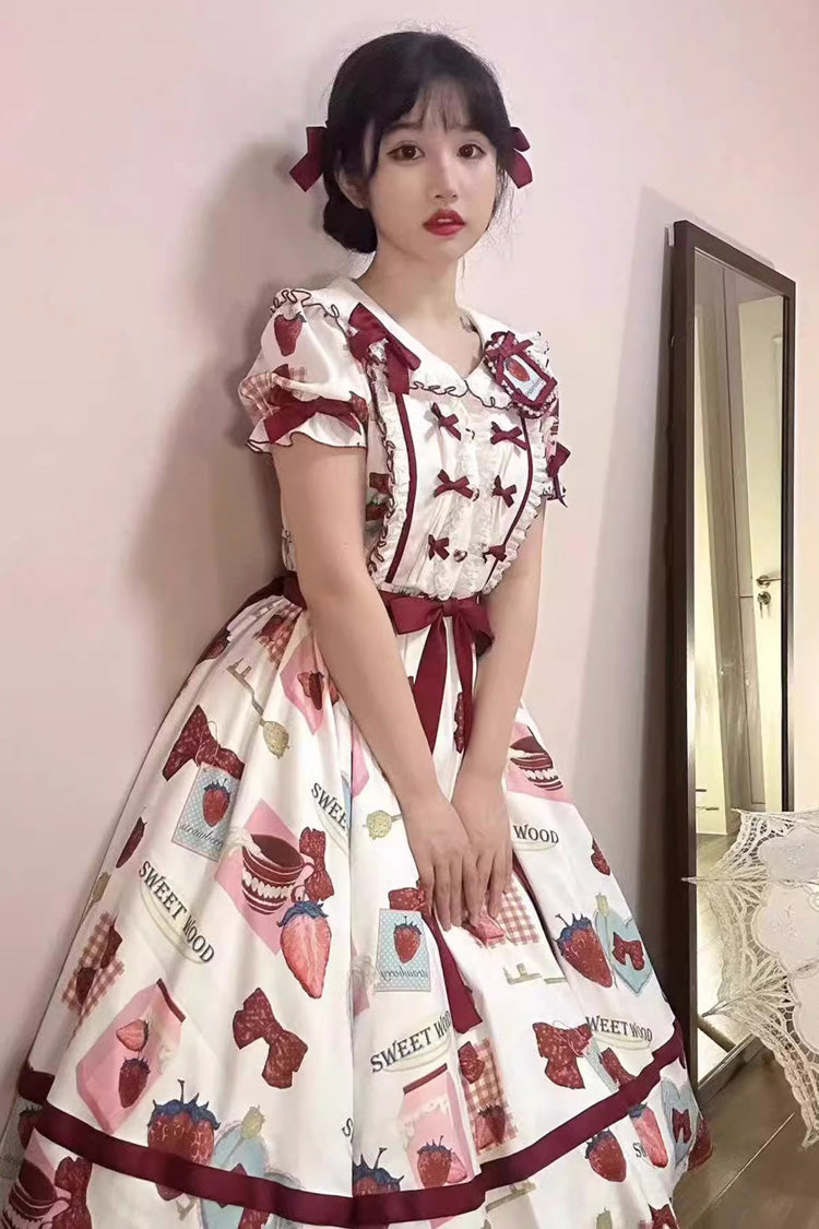 Multi-Color Strawberry Bowknot Print Short Sleeves Long Version Sweet Lolita Dress - Product - 3