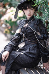 Black [Camellia 1.0] Sleeveless Jacquard Ruffle Lace Gothic Chinese Style Lolita Jsk Fishtail Dress - Product - 14