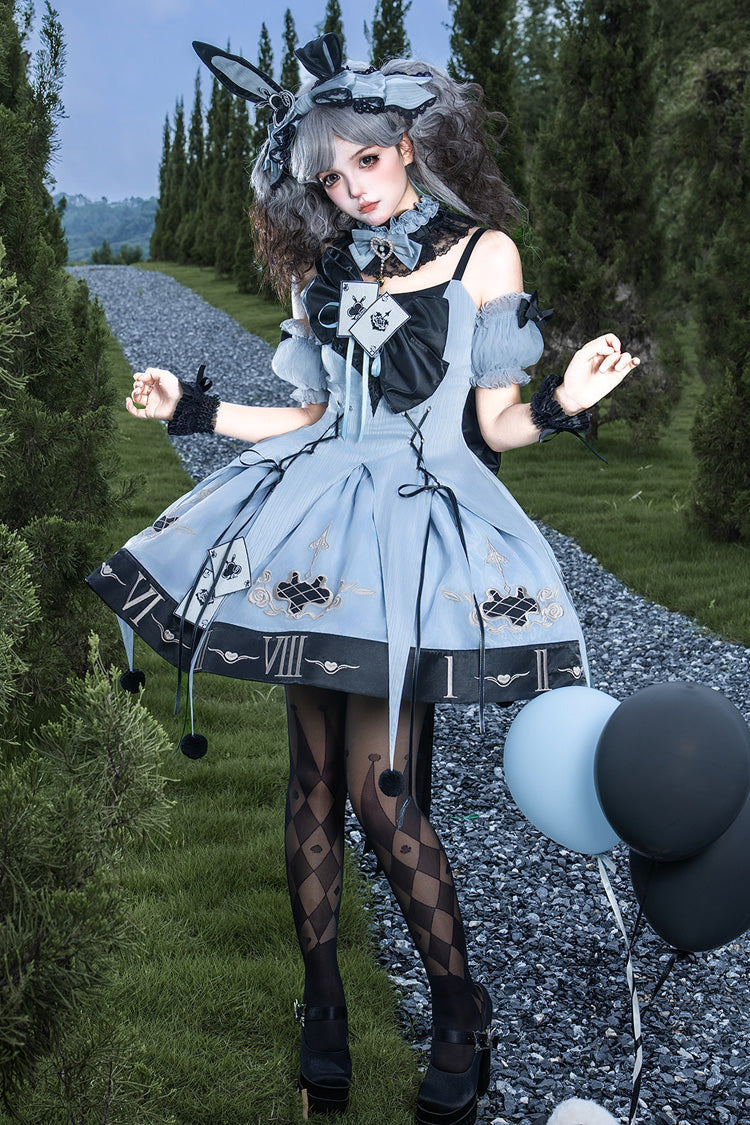 Blue [The Clock Rabbit's Card Game] Sleeveless Jacquard Ruffled Embroidered Bow Lace-Up Gothic Lolita Jsk Dress - Product - 8
