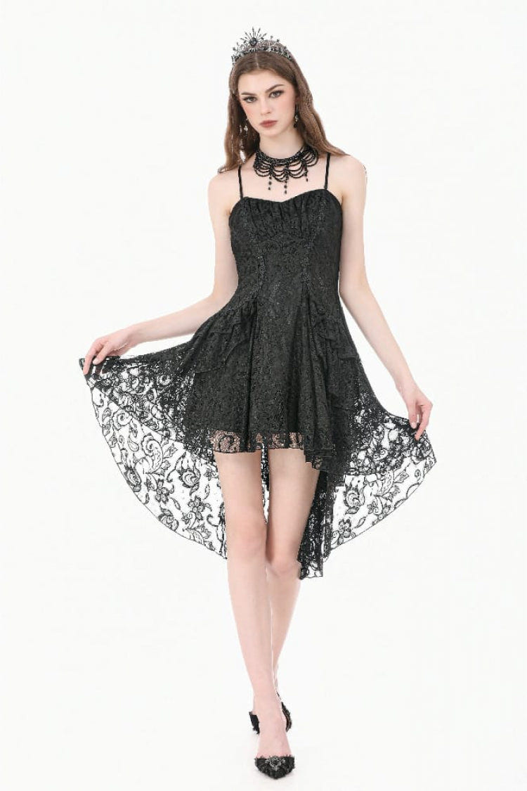 Black Lace-Up Women's Gothic High-Low Multi-Layered Ruffled Tail Lace Slip Dress - Black - 1