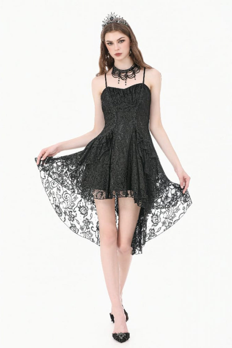 Black Lace-Up Women's Gothic High-Low Multi-Layered Ruffled Tail Lace Slip Dress - Black - 1