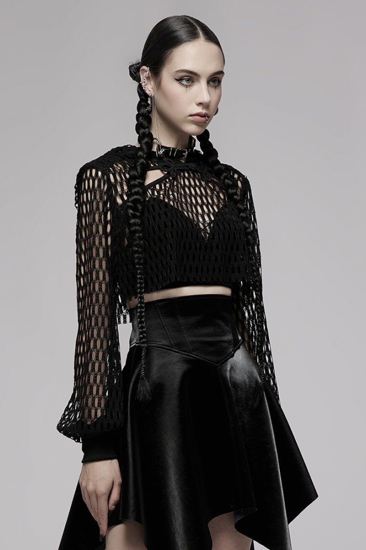 Black Long Sleeves Hollow Hooded Buckle Decoration Women's Punk Blouse - Product - 2