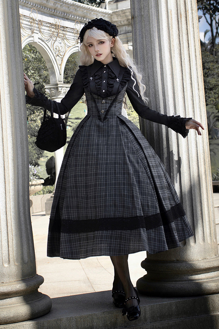 Black Chest Support Plaid Print Ruffle Gothic Lolita Dress - Product - 5