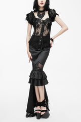Black Back Decals Transparent Mesh Hem Satin Trailing Women's Gothic Skirt - Black - 1