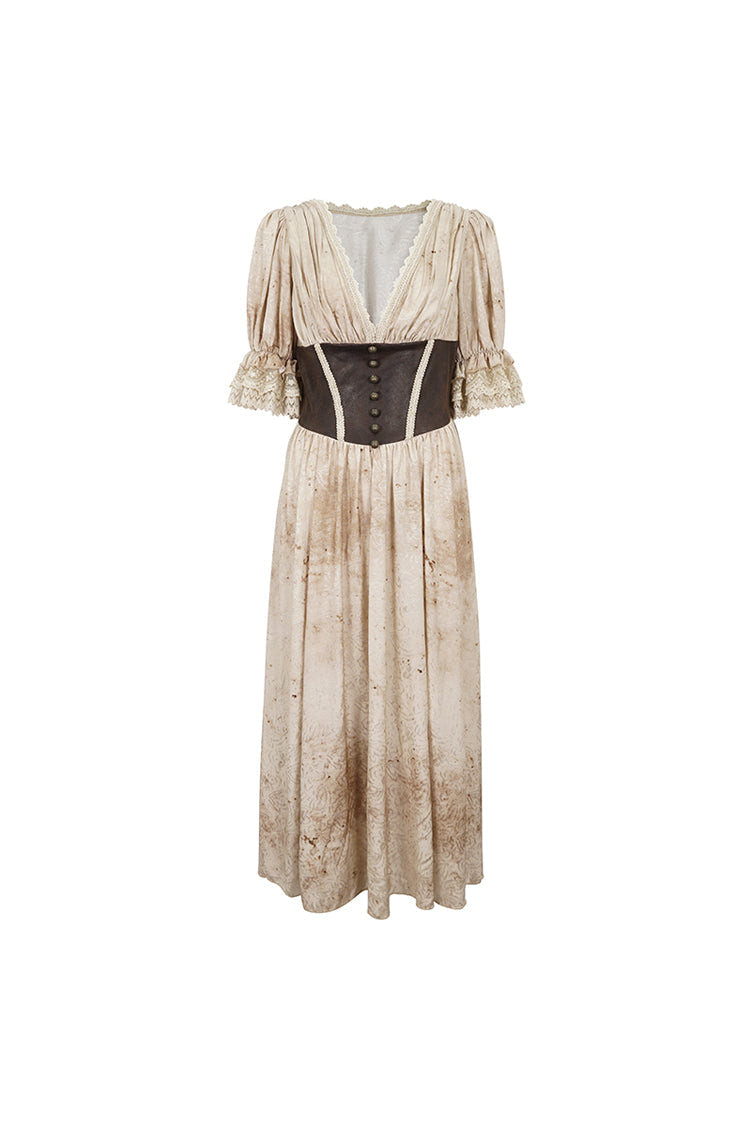 Apricot Plunging Puff Sleeved High Waisted Lace Hem Long Women's Punk Dress - Product - 7
