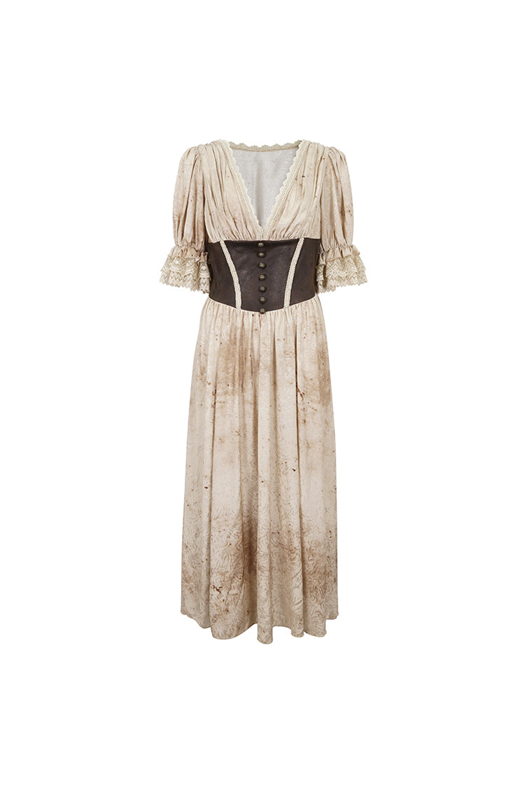 Apricot Plunging Puff Sleeved High Waisted Lace Hem Long Women's Punk Dress - Product - 7