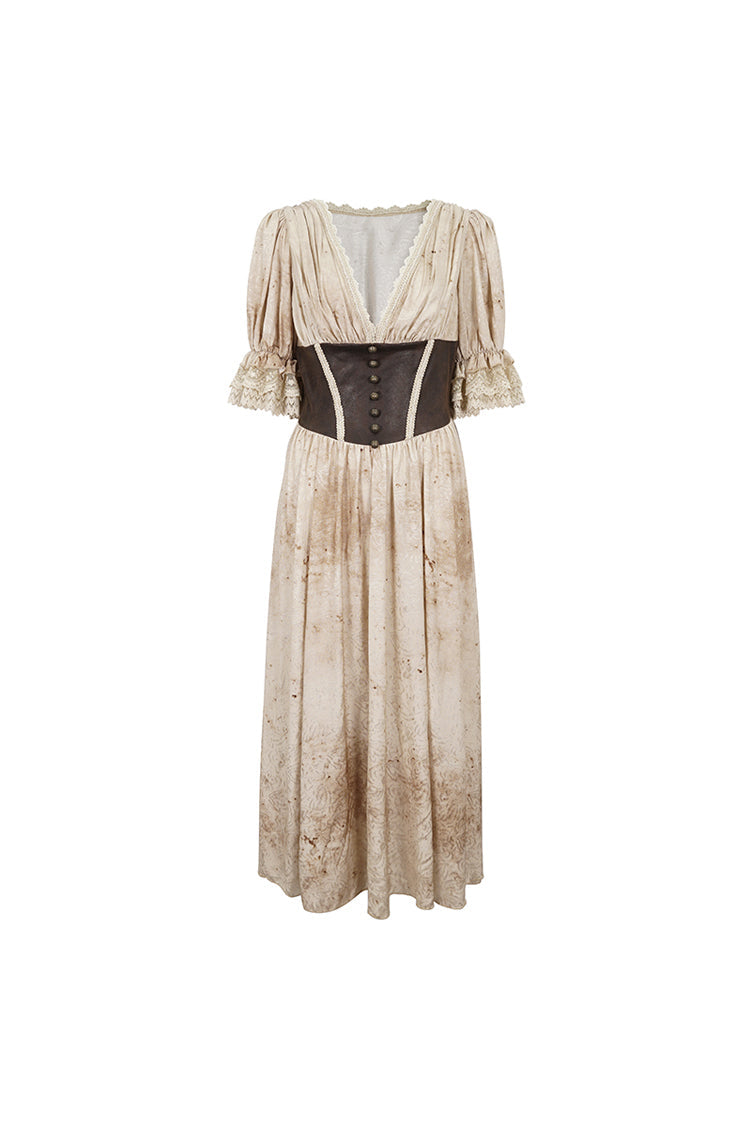 Apricot Plunging Puff Sleeved High Waisted Lace Hem Long Women's Punk Dress - Product - 7