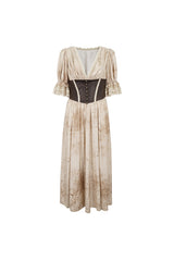 Apricot Plunging Puff Sleeved High Waisted Lace Hem Long Women's Punk Dress - Product - 7