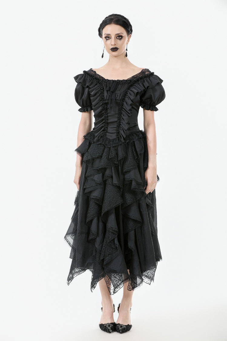 Black Square Collar Short Sleeves Ruffled Lace Lace-Up Women's Gothic Rococo Corset Top - Product - 5