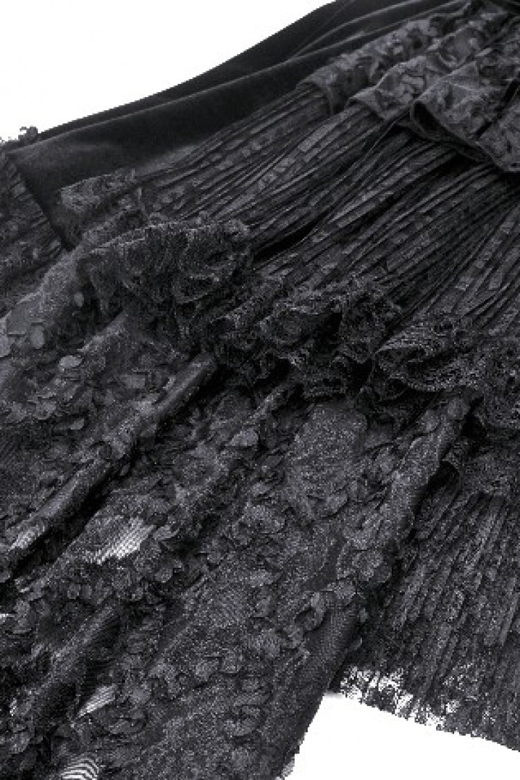 Black Square Collar Cap Sleeves Lace-Up High/Low Lace Ruffled Women's Gothic Princess Velvet Dress - Product - 15