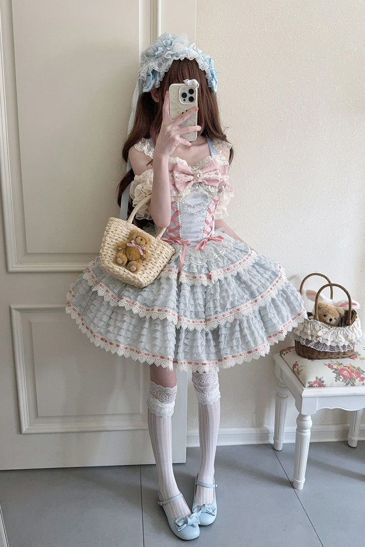 Blue Song of Floral Letters Sleeveless Triple-Layered Bowknot Lace-Up Sweet (Dress Only) front view