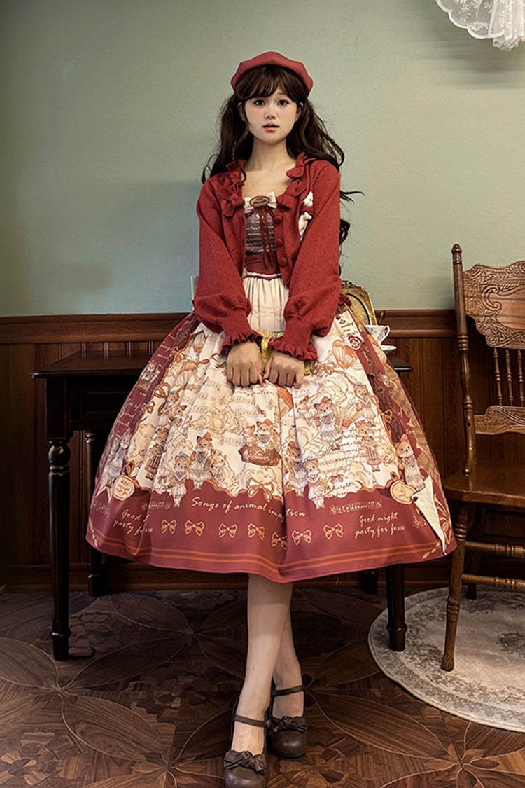 Wine Red [Fox Band] Print Square Collar Bowknot Classic Lolita Jumper Dress - Red - 3