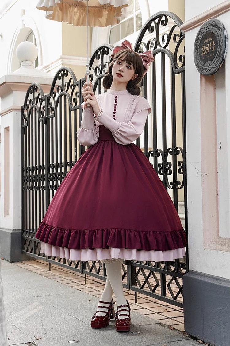 Rose Embroidery Long Sleeves Ruffle Bowknot Fake Two Pieces Elegant Lolita Dress 2 Colors - Product - 15