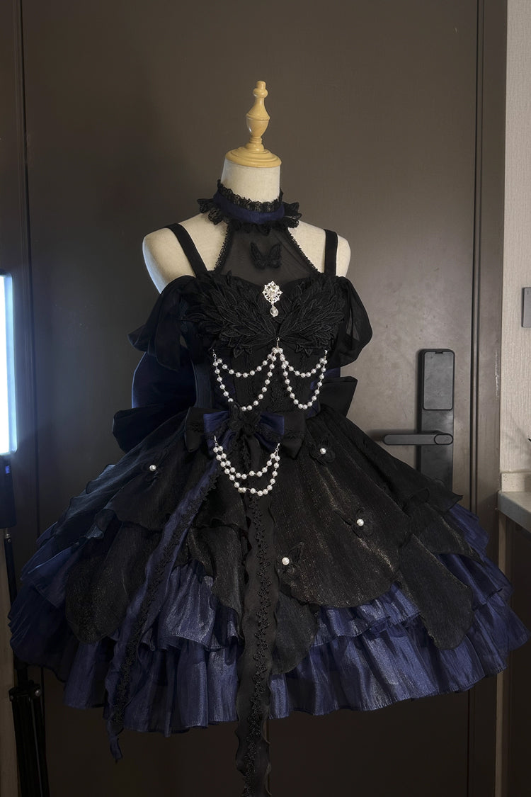 [Swan Lake] Multi-Layered Ruffle Bowknot Gothic Princess Lolita Jsk Dress 2 Colors - Black/Blue - 7