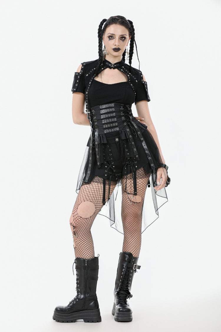 Black High Waisted Lace-Up High/low Mesh Women's Punk Skirt - Product - 9