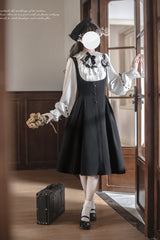 Black/White [Sunset Academy] Long Sleeves Ruffle Bowknot Fake Two Pieces Vintage College Style Elegant Lolita Dress - Product - 4