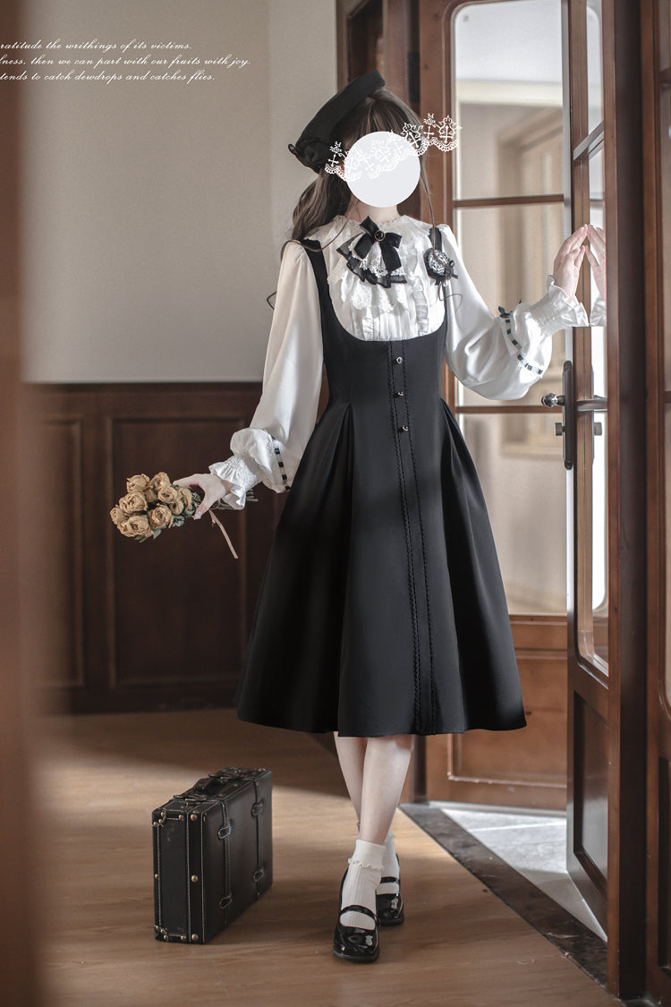 Black/White [Sunset Academy] Long Sleeves Ruffle Bowknot Fake Two Pieces Vintage College Style Elegant Lolita Dress - Product - 4